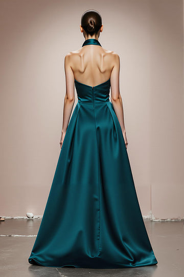 Dark Green Halter A Line Long Evening Dress